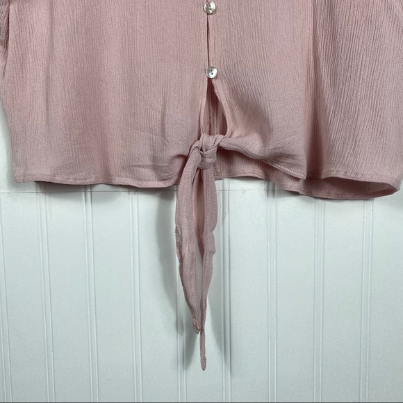 Blush pink button up tie front short sleeve blouse - Picture 2 of 9